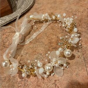 Elegant Gold and White Pearl Floral Headband